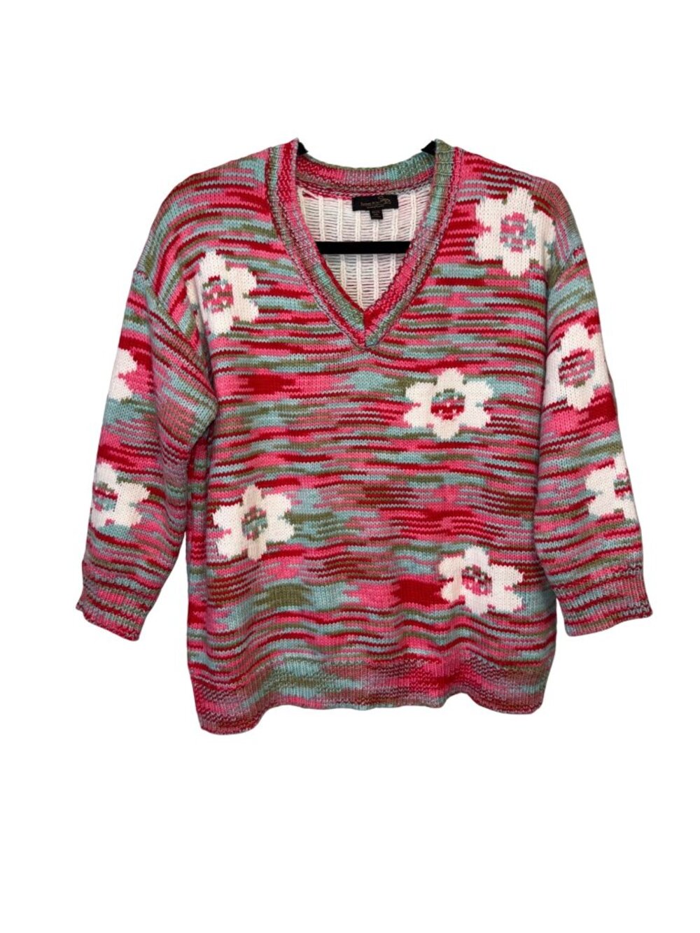 Suzanne Betro Womens 1X/2X Multicolor Striped V-Neck Sweater With Floral Pattern